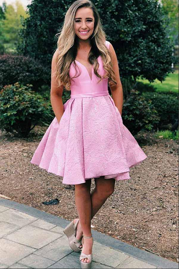 Promfast Charming Pink Satin A line V Neck Short Homecoming Dresses With Pockets PFH0401