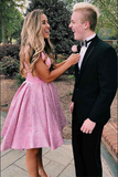 Promfast Charming Pink Satin A line V Neck Short Homecoming Dresses With Pockets PFH0401