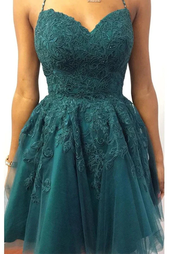 Promfast Halter Neck Short Emerald Green Lace Prom Dresses Homecoming Dresses PFH0402