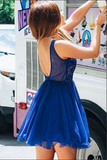 Promfast Royal Blue Tulle A line V neck Beaded Homecoming Dress With Appliques PFH0403
