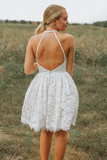 Promfast A Line Ivory Lace Halter Neckline Backless Short Homecoming Dress PFH0404