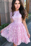 Promfast A Line Short Sleeve Lace Short Prom Dress Short Homecoming Dress PFH0405