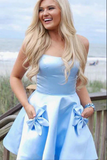 Promfast Light Blue Satin Homecoming Dresses With Pockets, Short Party Dresses PFH0407