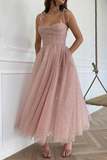 Promfast Straps Tea Length Pink Prom Dresses Tulle Homecoming Dresses PFH0409