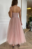 Promfast Straps Tea Length Pink Prom Dresses Tulle Homecoming Dresses PFH0409