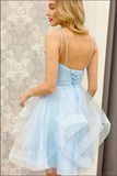 Promfast Blue Tulle A line V neck Cheap Homecoming Dresses, Short Prom Dresses PFH0411