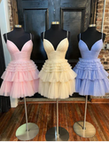 Promfast Fashion Cute V Neck Straps Tulle Short Homecoming Dresses PFH0412