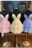 Promfast Fashion Cute V Neck Straps Tulle Short Homecoming Dresses PFH0412