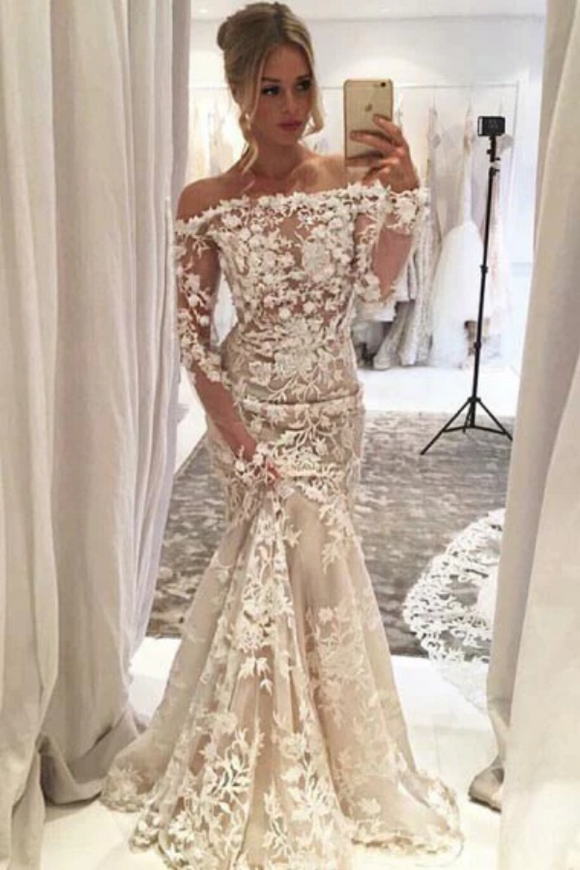 Promfast Mermaid Off the Shoulder Long Sleeves Ivory Tulle Wedding Dress with Appliques PFW0625
