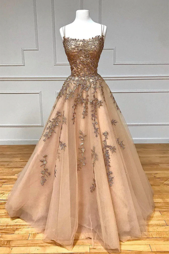 Promfast Spaghetti Straps Champagne Lace Tulle Long Prom Dress PFP2275