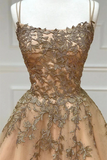 Promfast Spaghetti Straps Champagne Lace Tulle Long Prom Dress PFP2275