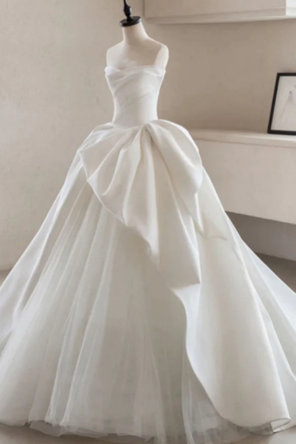 Promfast Modest Ball Gown Strapless Simple Satin Wedding Dress Tulle Bridal Dress PFW0628