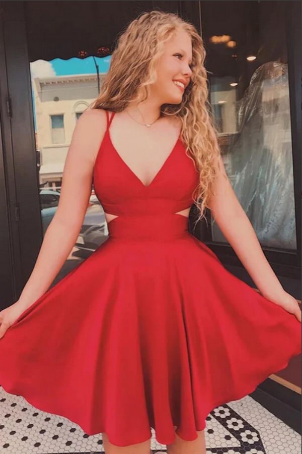 red dresses for graduation Promfast Red A line V neck Spaghetti Straps Homecoming Dresses, Gradua