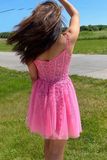 Promfast A Line Hot Pink Lace Appliques Party Dress Homecoming Dress PFH0416