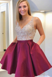Promfast Burgundy See Through Beaded Homecoming Dresses with Pockets PFH0417
