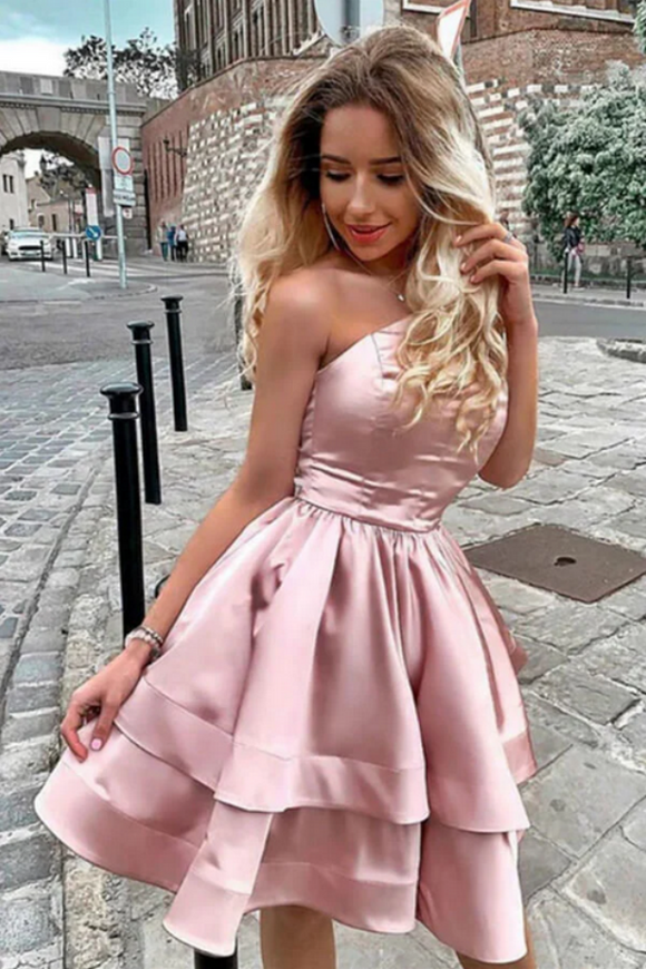 Promfast Blush Pink A line One Shoulder Homecoming Dresses, Short Prom Dresses PFH0421