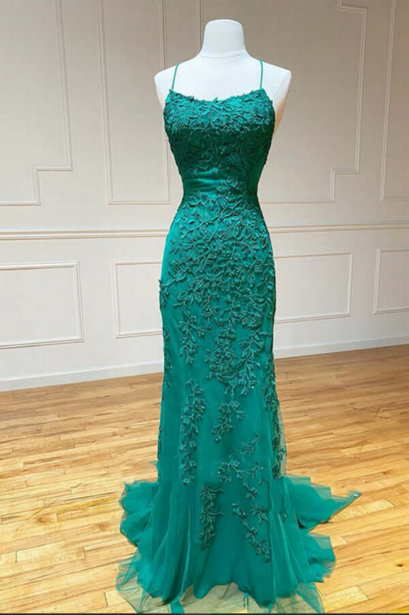 Promfast Green Lace Mermaid Backless Spaghetti Straps Prom Dresses, Evening Gown PFP2277