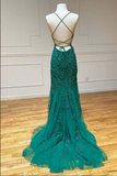 Promfast Green Lace Mermaid Backless Spaghetti Straps Prom Dresses, Evening Gown PFP2277