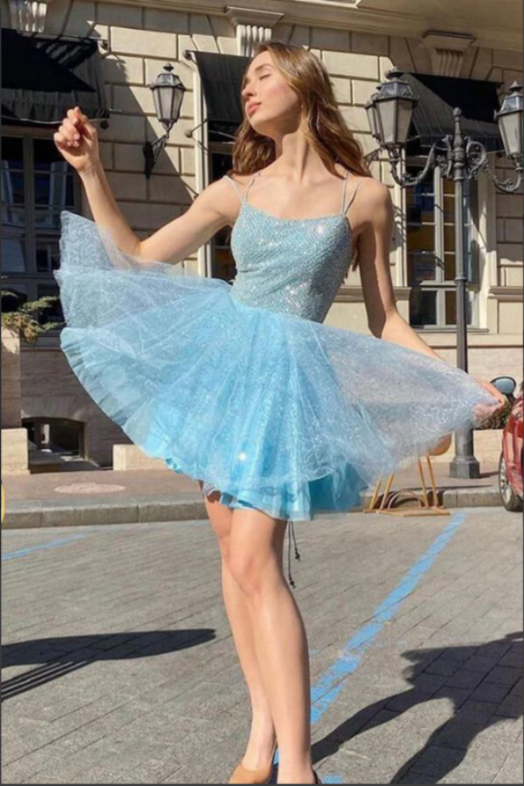 Promfast Shiny Sky Blue Tulle Sequins Homecoming Dresses, Short Prom Dresses PFH0426