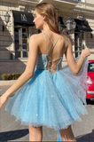 Promfast Shiny Sky Blue Tulle Sequins Homecoming Dresses, Short Prom Dresses PFH0426