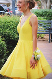 Promfast A Line V Neck Short Yellow Prom Dresses Satin Homecoming Dresses PFH0428