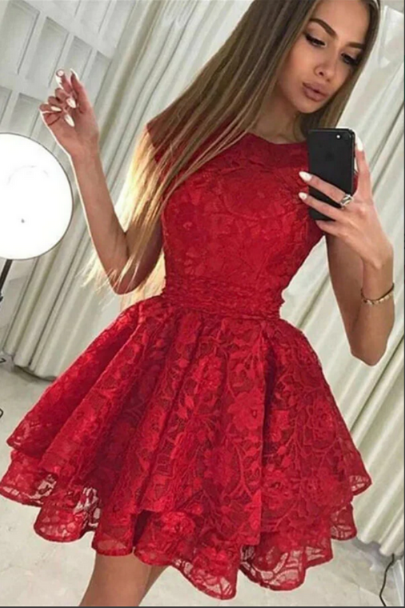 Promfast Cute Red Round Neck A line Cap Sleeves Lace Short Homecoming Dresses PFH0429