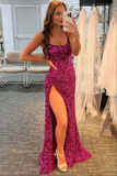 Promfast Sparkly Sheath Fuchsia Sequins Prom Dresses With Side Slit, Evening Dresses PFP2279