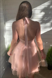 Promfast Pink A line Tulle Halter Backless Homecoming Dresses, Short Prom Dresses PFH0441