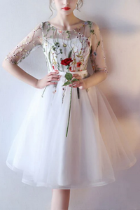 Promfast New Arrival Scoop Short Prom Dress With Floral Short Sleeve Homecoming Dress Prom Dresses PFH0442