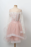 Promfast A line Cute Pink Short Prom Dress Long Sleeve Scoop Lace Homecoming Dresses PFH0443