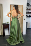 Promfast Sage Green A line Scoop Spaghetti Straps Long Prom Dresses With Pocket PFP2283