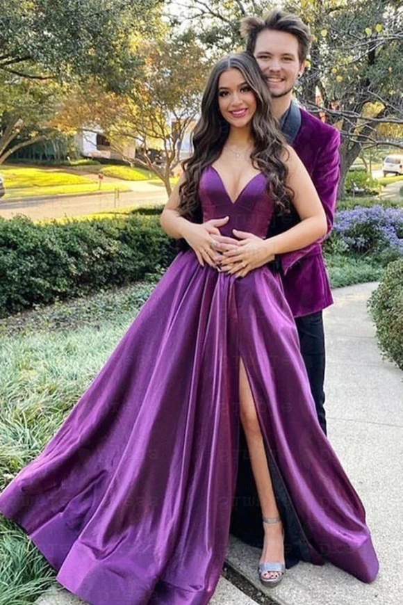 Promfast V Neck Backless Purple Satin Long Prom Dress with High Slit PFP2287
