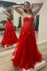 Promfast Strapless Red Tulle Long Prom Dress with Lace Appliques PFP2289