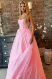 Promfast Shiny Pink Tulle Spaghetti Straps Sparkly Long Prom Formal Evening Dress PFP2290