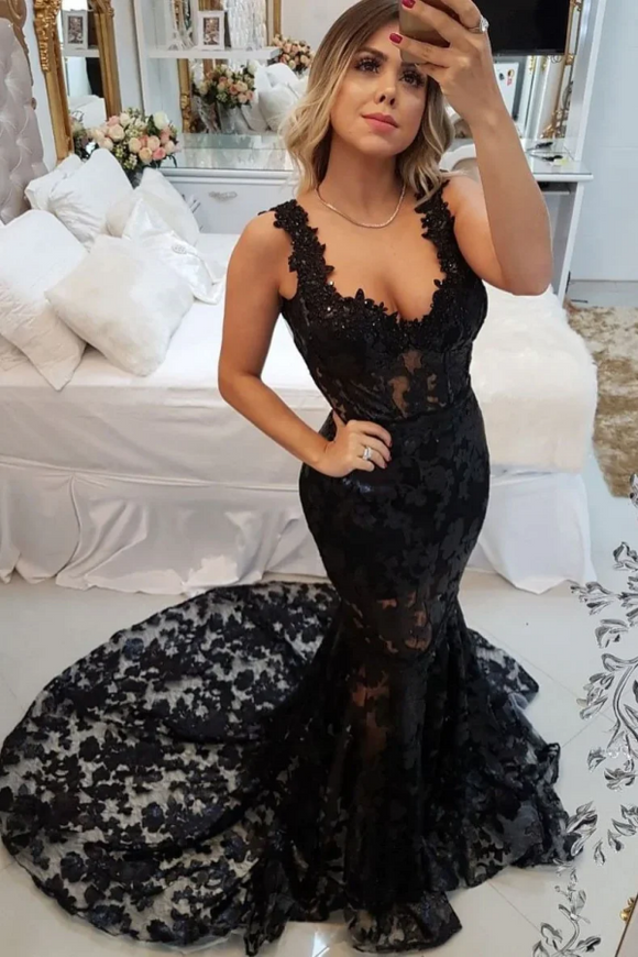Promfast Black v neck lace mermaid long prom dress, black evening dresses PFP2291