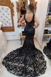 Promfast Black v neck lace mermaid long prom dress, black evening dresses PFP2291