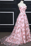 Promfast Pink Flower Appliques Strapless A line Long Prom Dresses, Evening Gowns PFP2294