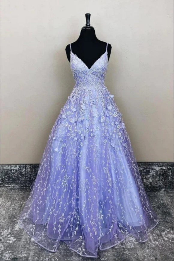 Purple Tulle A line Long Prom Dresses, Evening Dresses With Lace Appliques PFP2295