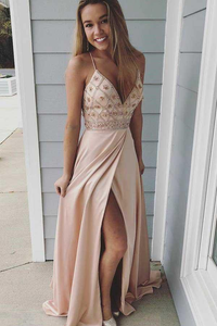 A Line Spaghetti Straps Pink Elastic Satin Prom Dress with Beading PFP2296