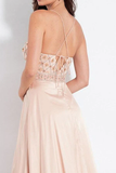 A Line Spaghetti Straps Pink Elastic Satin Prom Dress with Beading PFP2296