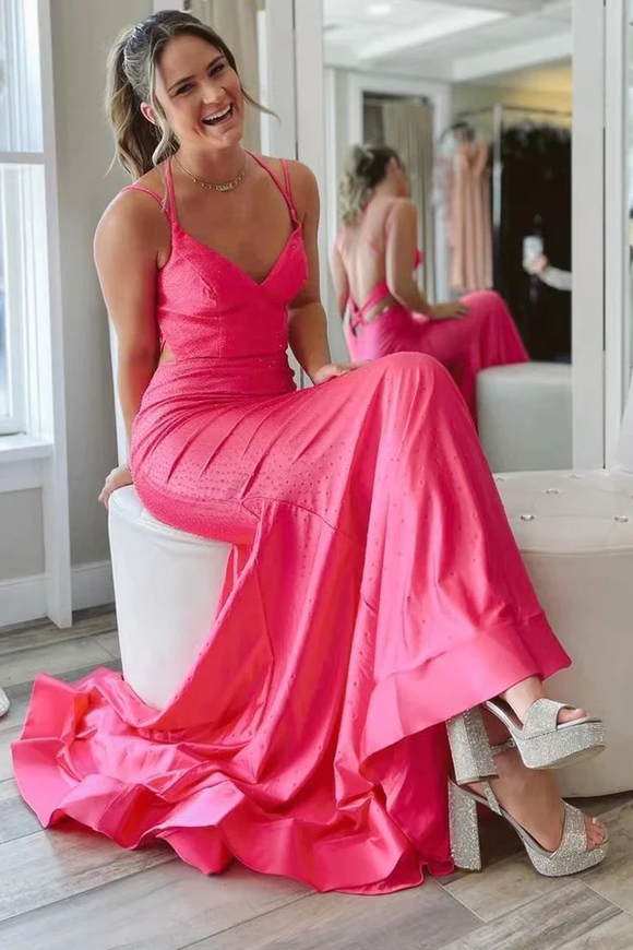 Gorgeous Hot Pink Satin Mermaid Long Prom Dress With Tiered, Formal Dress PFP2299