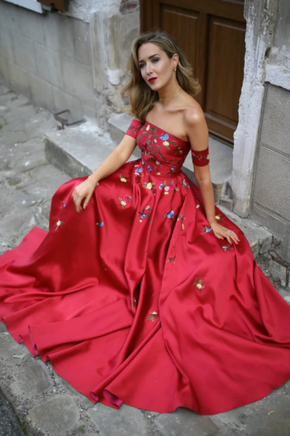 A line Long Prom Dress Burgundy Off the shoulder Satin Embroidery Chic Evening Dress PFP2301