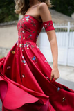 A line Long Prom Dress Burgundy Off the shoulder Satin Embroidery Chic Evening Dress PFP2301