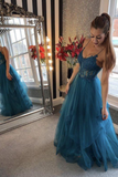 Teal Tulle Straps A Line Prom Dress With Lace Appliques PFP2302