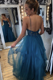 Teal Tulle Straps A Line Prom Dress With Lace Appliques PFP2302