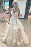 V Neckline Tired Tulle A line Lace Wedding Dress Floor Length PFW0632