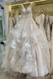 V Neckline Tired Tulle A line Lace Wedding Dress Floor Length PFW0632