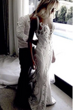 Luxurious Ivory Lace Open Back Mermaid V Neck Beach Wedding Dress PFW0636