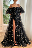 A Line Tulle Black Long Prom Dress Black Tulle Formal Evening Dress PFP2303
