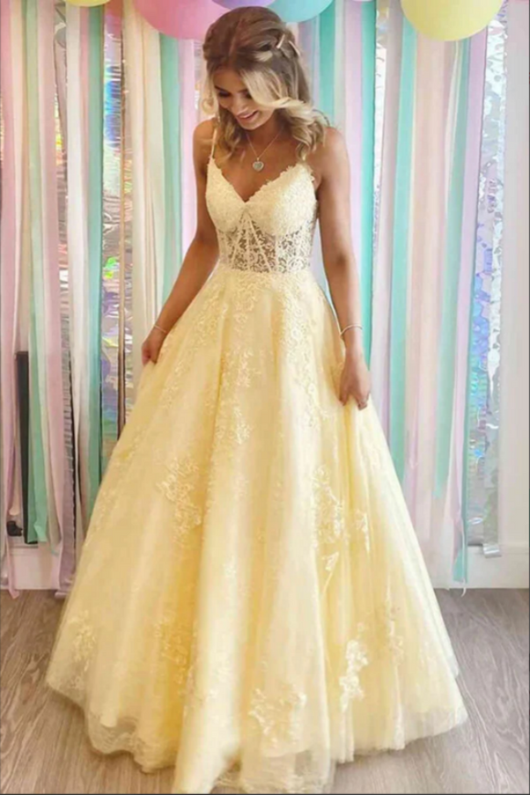 Yellow A Line Lace Appliques Spaghetti Straps Prom Dresses, Evening Gown PFP2304